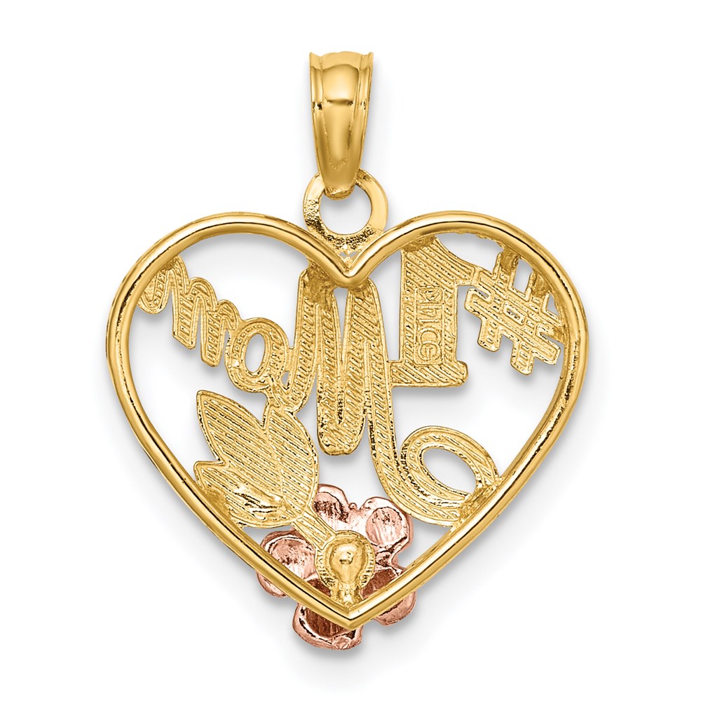 14K Bicolor-Gold Anhänger mit Weiß-Rhodinierung, strukturiert, "#1 Mom" Herz-Charm