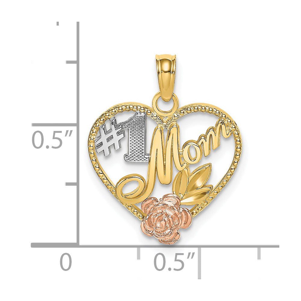 14K Bicolor-Gold Anhänger mit Weiß-Rhodinierung, strukturiert, "#1 Mom" Herz-Charm