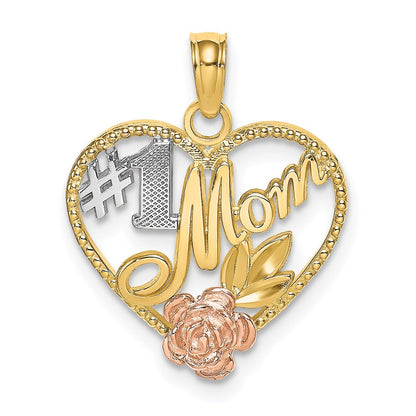 14K Bicolor-Gold Anhänger mit Weiß-Rhodinierung, strukturiert, "#1 Mom" Herz-Charm