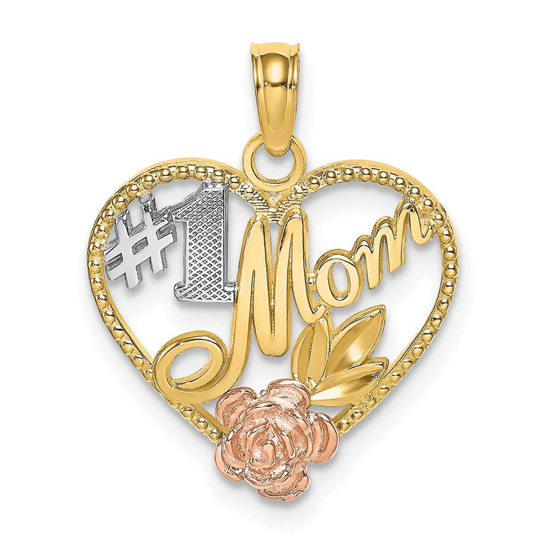 14K Bicolor-Gold Anhänger mit Weiß-Rhodinierung, strukturiert, "#1 Mom" Herz-Charm