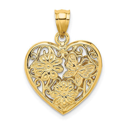 14K Zweifarbiges Gold 3D-Herz mit Schmetterling, wendbarer Charm