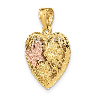 14K Zweifarbiges Gold 3D-Herz mit Schmetterling, wendbarer Charm