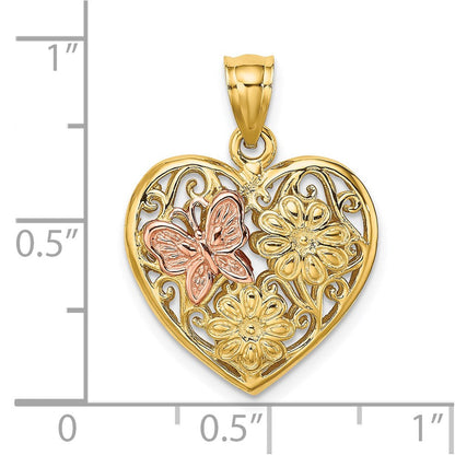 14K Zweifarbiges Gold 3D-Herz mit Schmetterling, wendbarer Charm