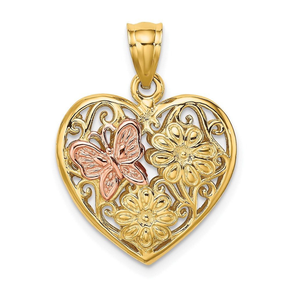 14K Zweifarbiges Gold 3D-Herz mit Schmetterling, wendbarer Charm