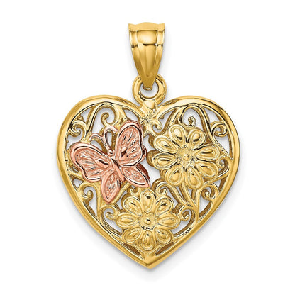 14K Zweifarbiges Gold 3D-Herz mit Schmetterling, wendbarer Charm