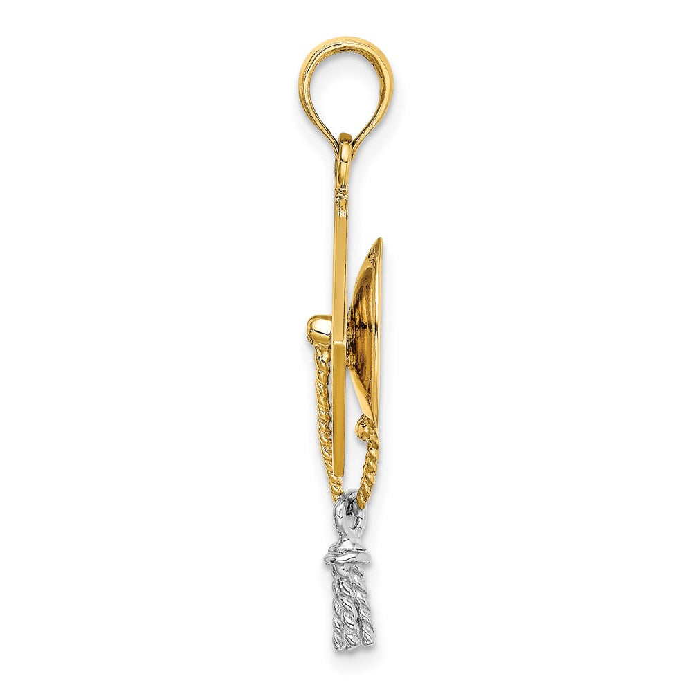 14K Gelb- und Rhodiumgold 3-D-Doktorhut-Charm mit beweglicher Weißrhodium-Quaste