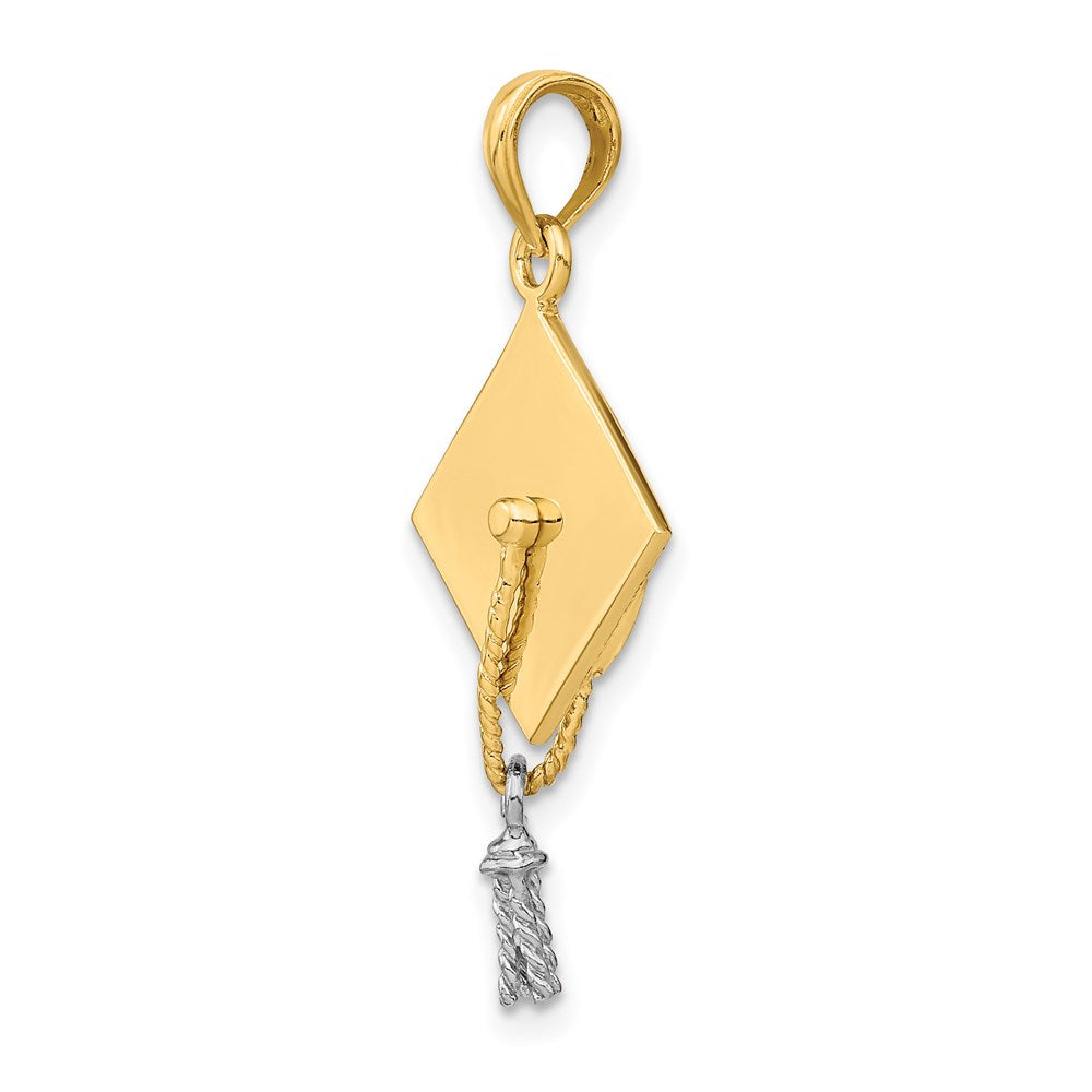 14K Gelb- und Rhodiumgold 3-D-Doktorhut-Charm mit beweglicher Weißrhodium-Quaste