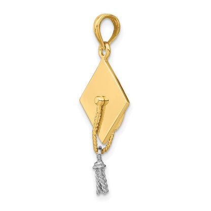 14K Gelb- und Rhodiumgold 3-D-Doktorhut-Charm mit beweglicher Weißrhodium-Quaste