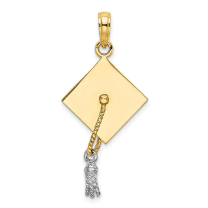 14K Gelb- und Rhodiumgold 3-D-Doktorhut-Charm mit beweglicher Weißrhodium-Quaste