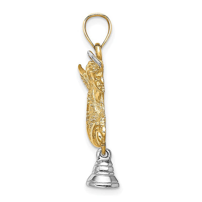 14K Bicolor-Gold (mit Rhodium) Fliegender Engel Charm mit beweglicher Glocke
