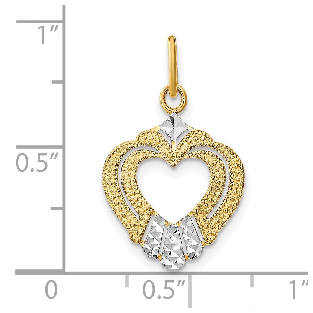 14K Gelb & Rhodium mit Rhodium Diamantiert Strukturiert Herz Charm