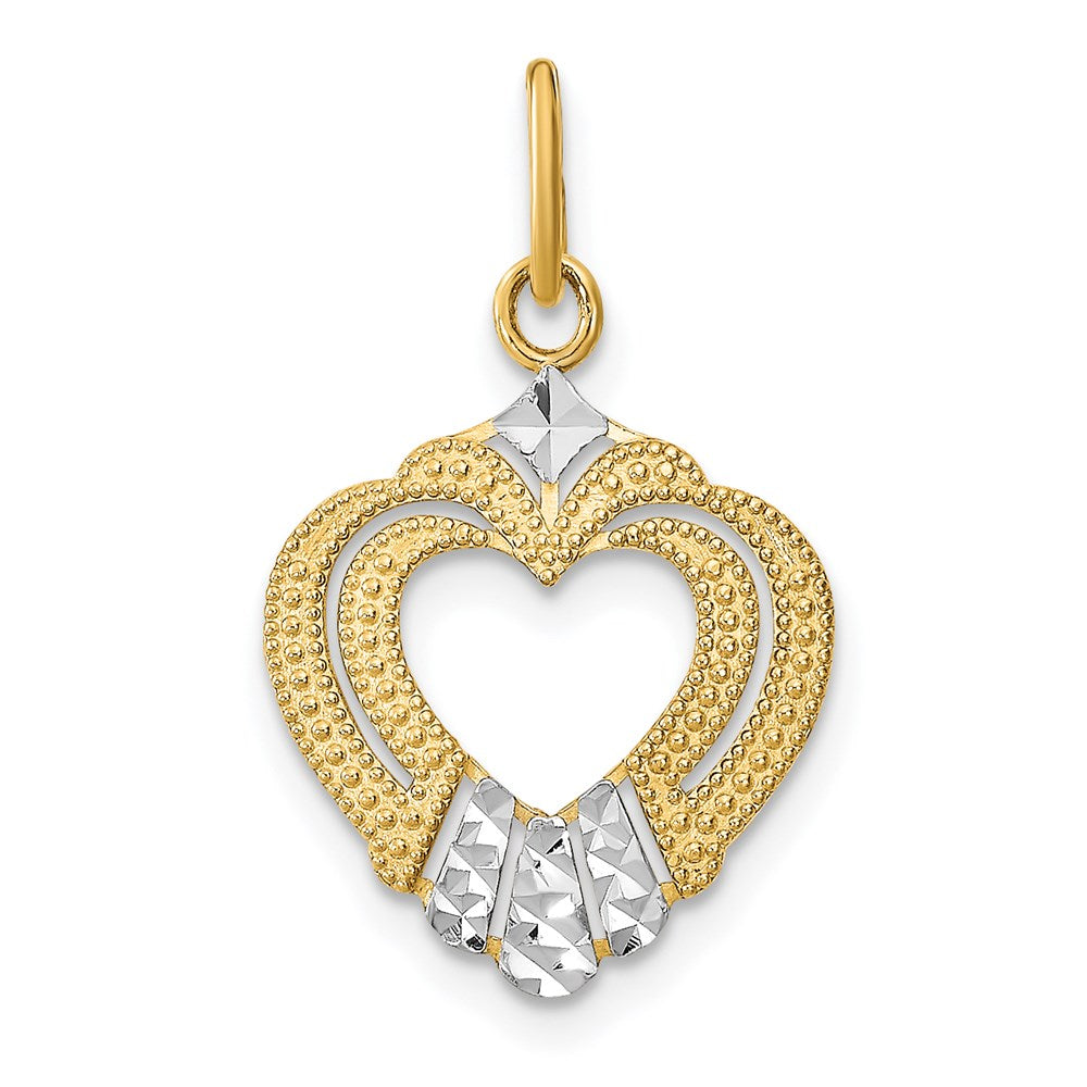14K Gelb & Rhodium mit Rhodium Diamantiert Strukturiert Herz Charm