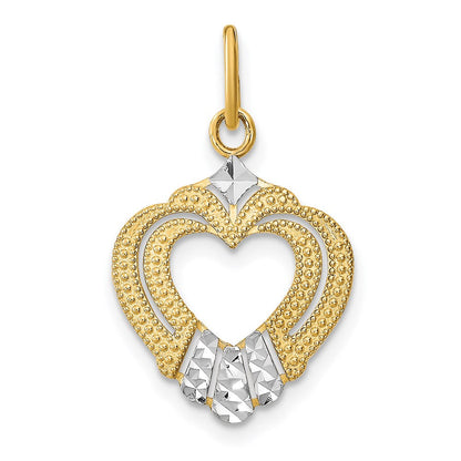 14K Gelb & Rhodium mit Rhodium Diamantiert Strukturiert Herz Charm