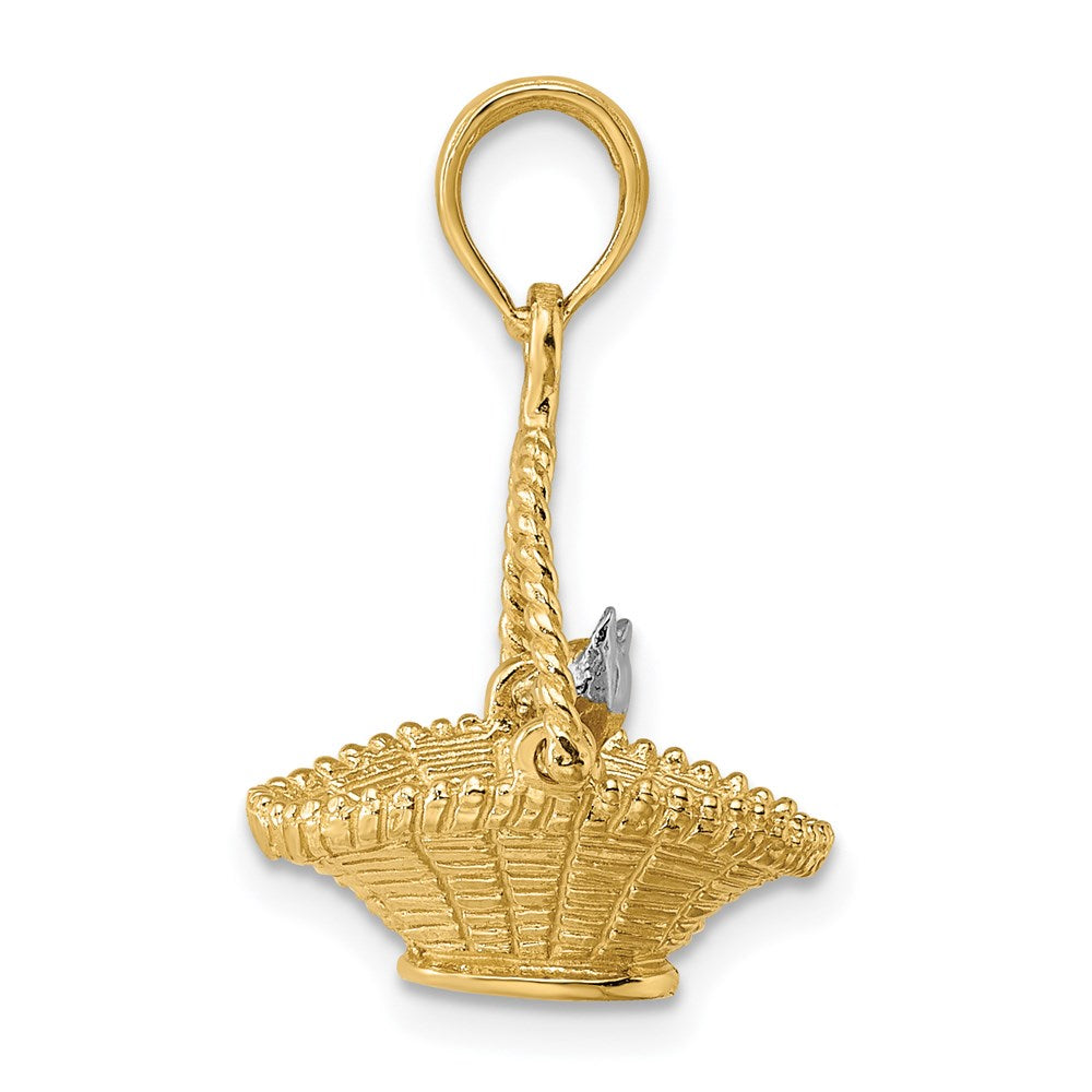 14K Bicolor-Gold mit Rhodium 3-D Kleine Katze im Korb Charm