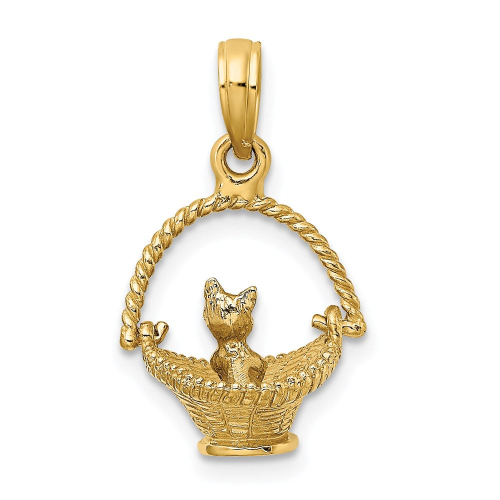 14K Bicolor-Gold mit Rhodium 3-D Kleine Katze im Korb Charm