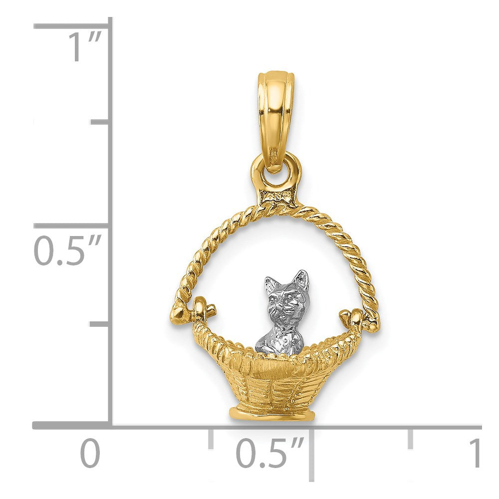 14K Bicolor-Gold mit Rhodium 3-D Kleine Katze im Korb Charm
