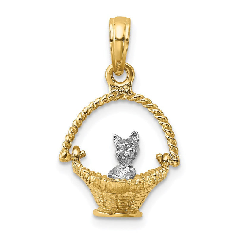 14K Bicolor-Gold mit Rhodium 3-D Kleine Katze im Korb Charm