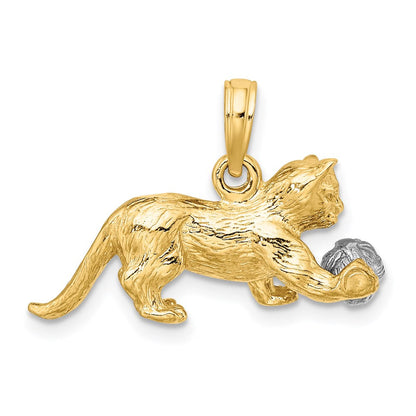 14K Bicolor-Gold 3-D-Charm „Katze mit beweglichem Ball“