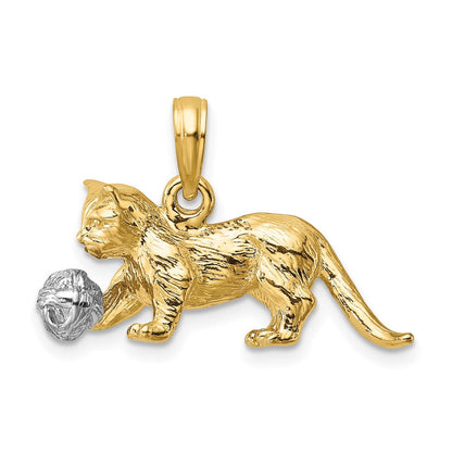 14K Bicolor-Gold 3-D-Charm „Katze mit beweglichem Ball“