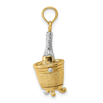 14 Karat Gelbgold mit Rhodium 3-D Champagnerflasche im Eiskühler Charm