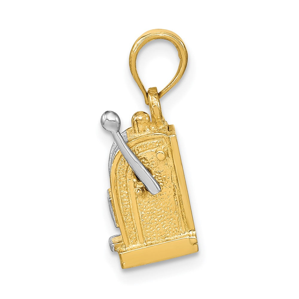 „14K Gelbgold und Rhodium Charm 3D-Spielautomat mit beweglichem Hebel, rhodiniert“