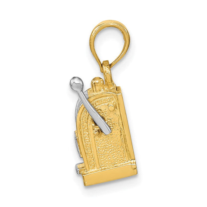 „14K Gelbgold und Rhodium Charm 3D-Spielautomat mit beweglichem Hebel, rhodiniert“