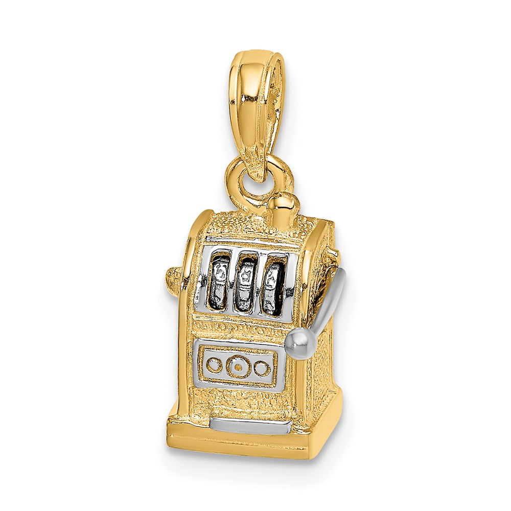 „14K Gelbgold und Rhodium Charm 3D-Spielautomat mit beweglichem Hebel, rhodiniert“