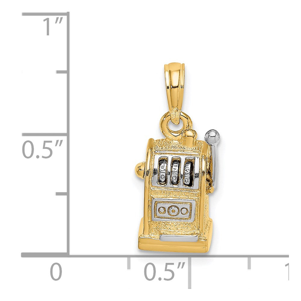„14K Gelbgold und Rhodium Charm 3D-Spielautomat mit beweglichem Hebel, rhodiniert“
