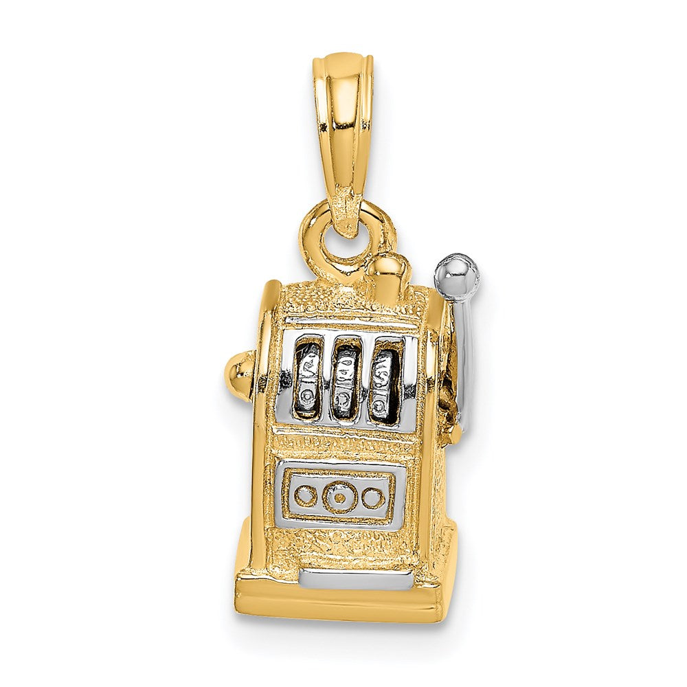 „14K Gelbgold und Rhodium Charm 3D-Spielautomat mit beweglichem Hebel, rhodiniert“