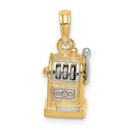 „14K Gelbgold und Rhodium Charm 3D-Spielautomat mit beweglichem Hebel, rhodiniert“