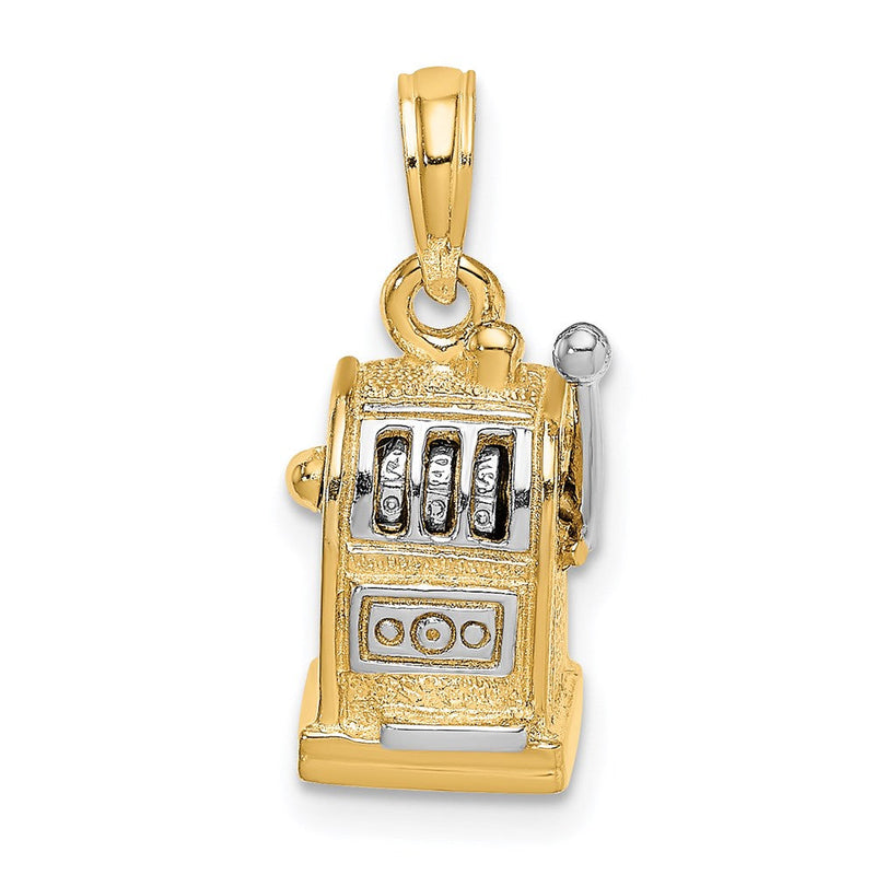 „14K Gelbgold und Rhodium Charm 3D-Spielautomat mit beweglichem Hebel, rhodiniert“