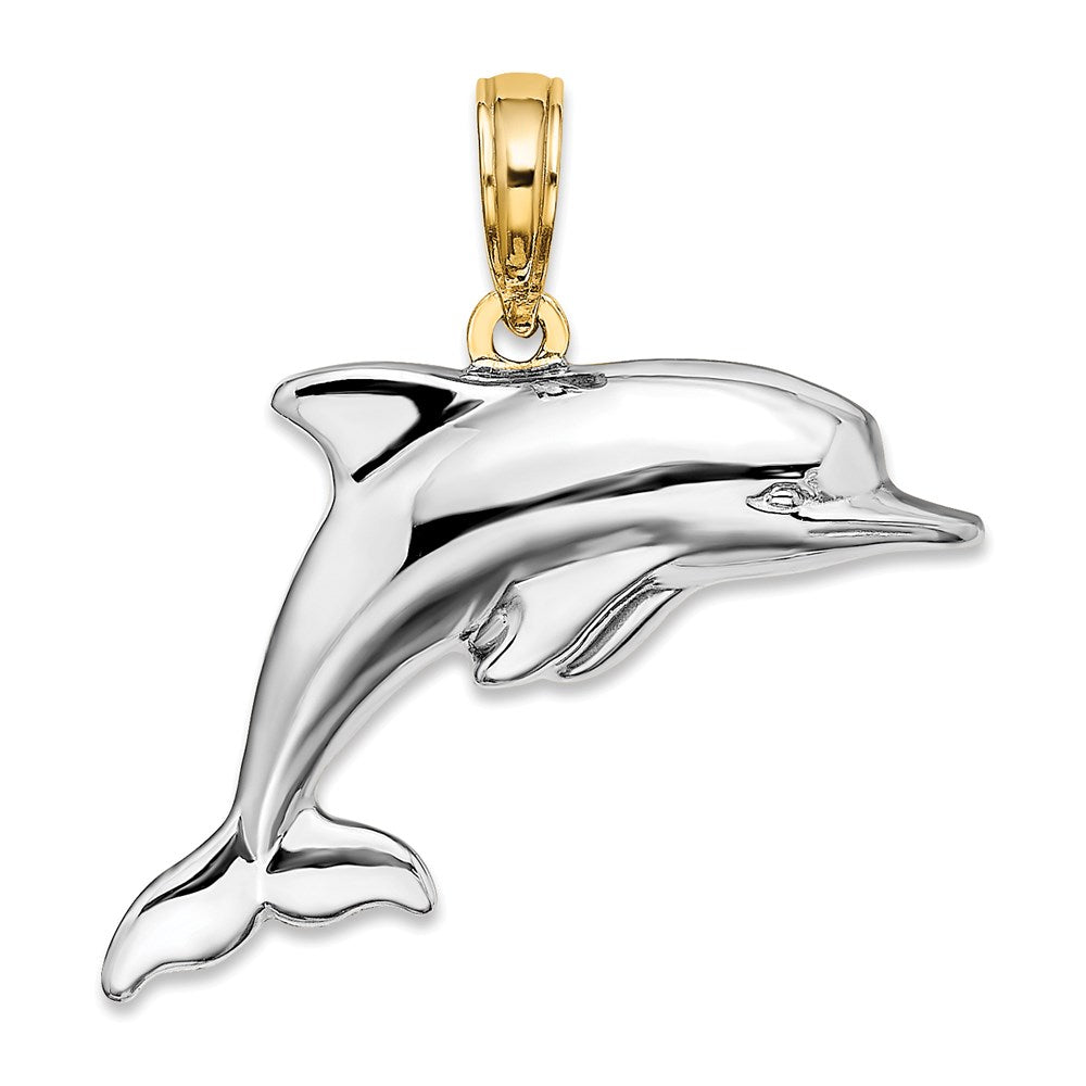 14K Gelb- & Rhodiumgold mit Rhodium 3-D wendbarer gepolsterter Delfin-Charm