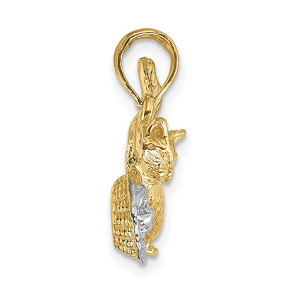 14K Gelb- und Rhodium-Gold Weißrhodium Katze spielt mit Garn im Korb Charm