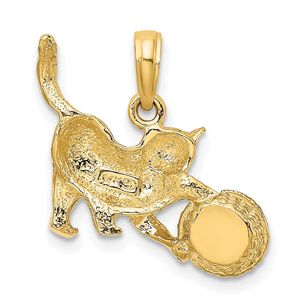 14K Gelb- und Rhodium-Gold Weißrhodium Katze spielt mit Garn im Korb Charm