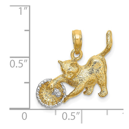 14K Gelb- und Rhodium-Gold Weißrhodium Katze spielt mit Garn im Korb Charm