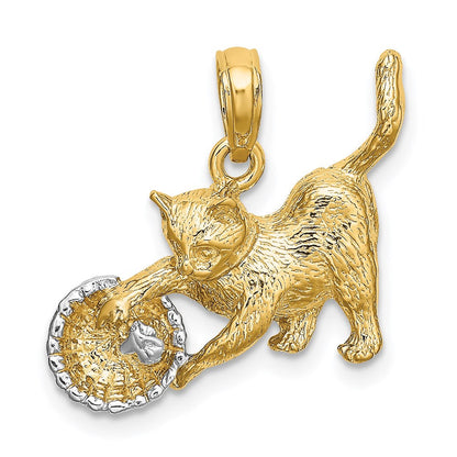 14K Gelb- und Rhodium-Gold Weißrhodium Katze spielt mit Garn im Korb Charm