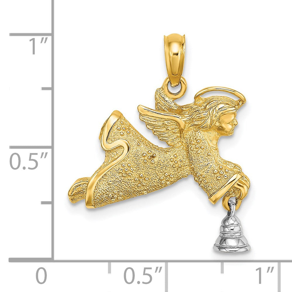 14K Bicolor-Gold mit Rhodium fliegender Engel-Charm mit beweglicher Glocke