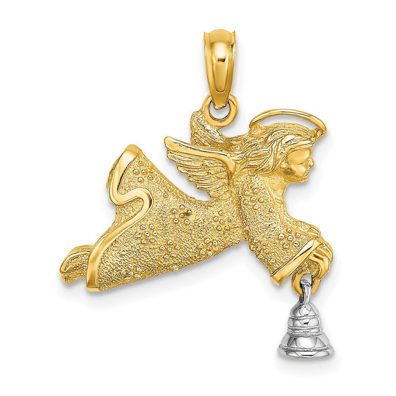 14K Bicolor-Gold mit Rhodium fliegender Engel-Charm mit beweglicher Glocke