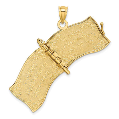 14K Gelb- und Rhodiumgold-Charm mit Rhodium, 3-D beweglicher Flaggenbuch-Anhänger „Treueschwur“