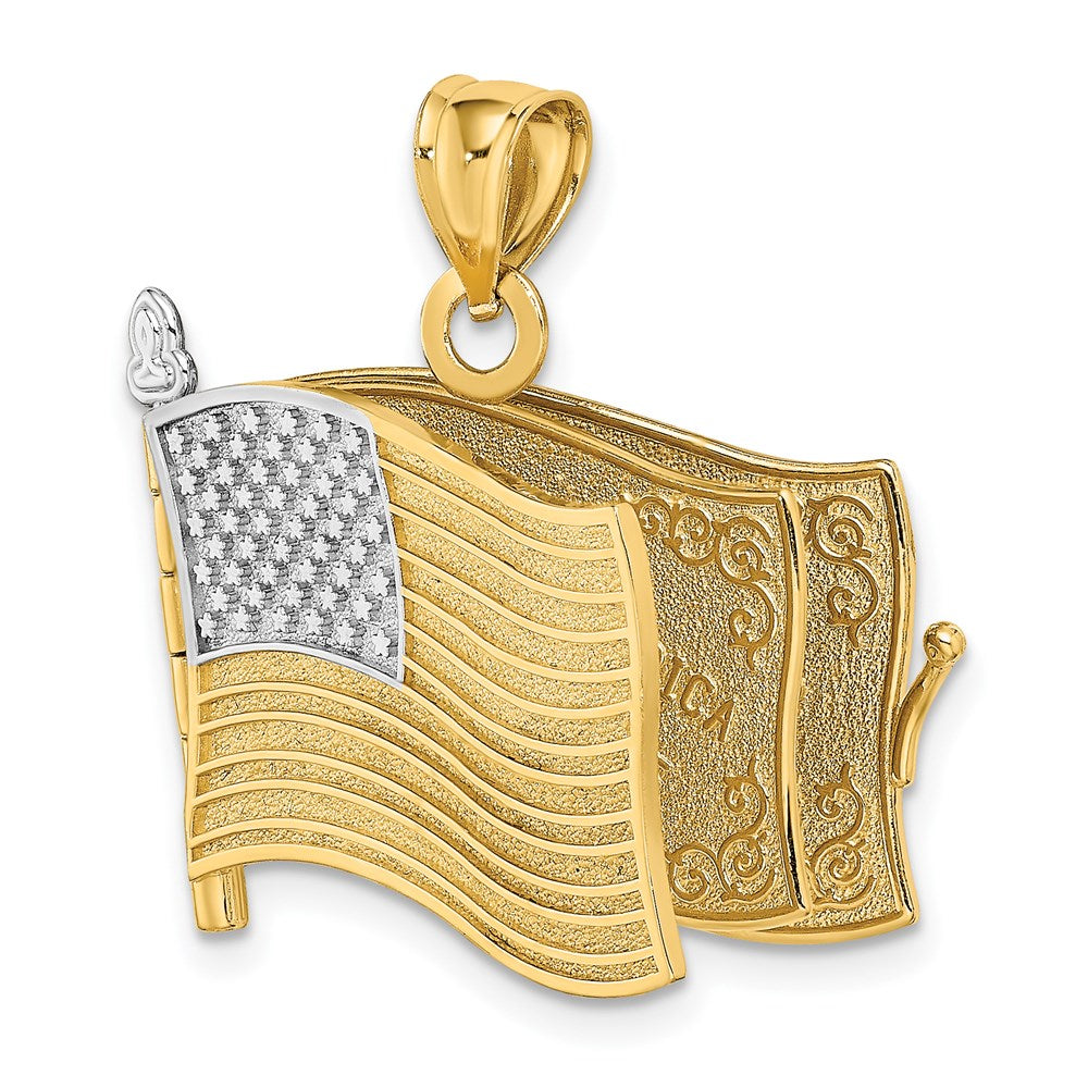 14K Gelb- und Rhodiumgold-Charm mit Rhodium, 3-D beweglicher Flaggenbuch-Anhänger „Treueschwur“