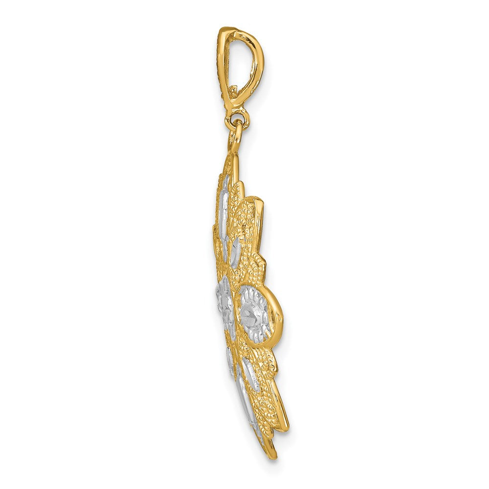 14K Gelbgold & Rhodium mit Rhodium-Diamantschliff und Filigran-Blumen-Charm