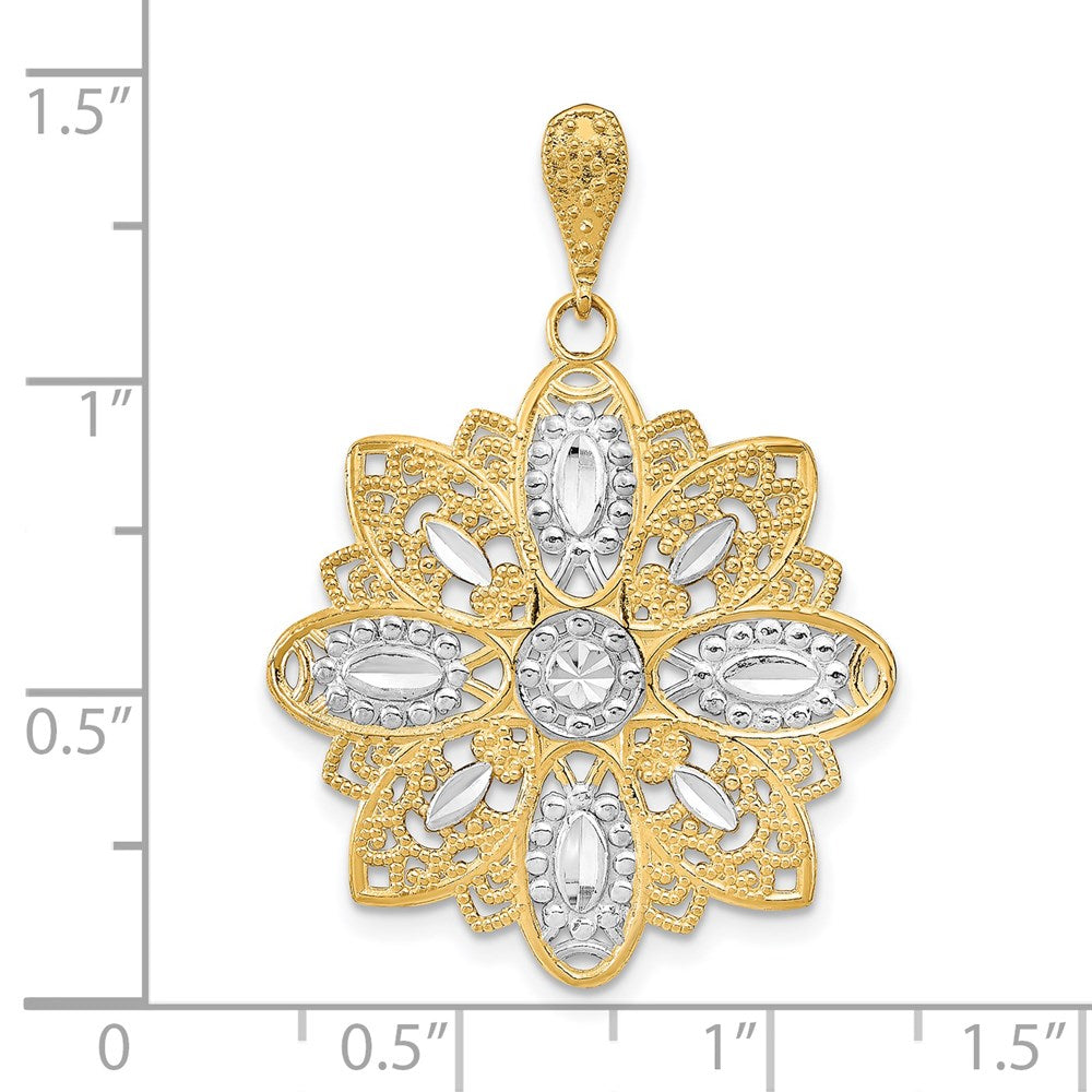 14K Gelbgold & Rhodium mit Rhodium-Diamantschliff und Filigran-Blumen-Charm