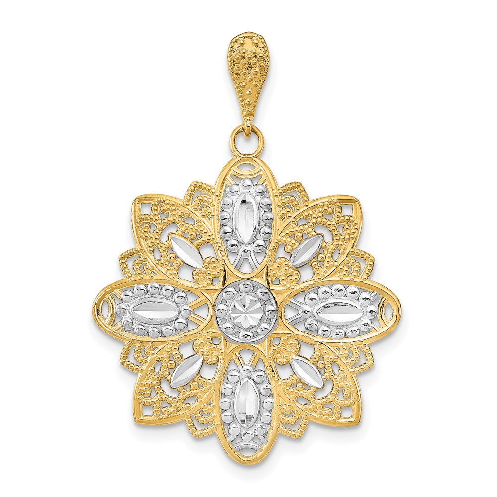 14K Gelbgold & Rhodium mit Rhodium-Diamantschliff und Filigran-Blumen-Charm
