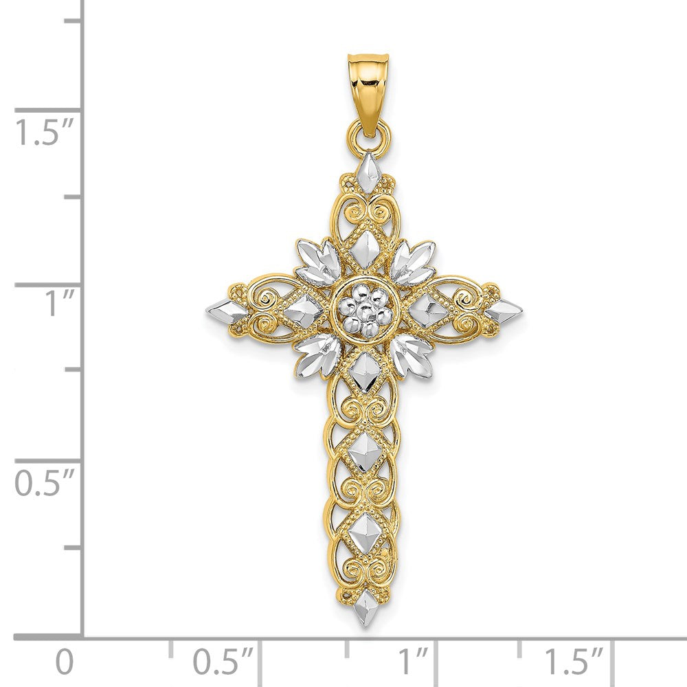 14K Gelb- und Rhodiumgold mit Rhodiumbeschichtung, diamantiertes Kreuz-Charm