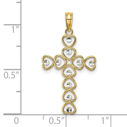 14K Gelb & Rhodium mit Diamantiert Herz Kreuz Charm