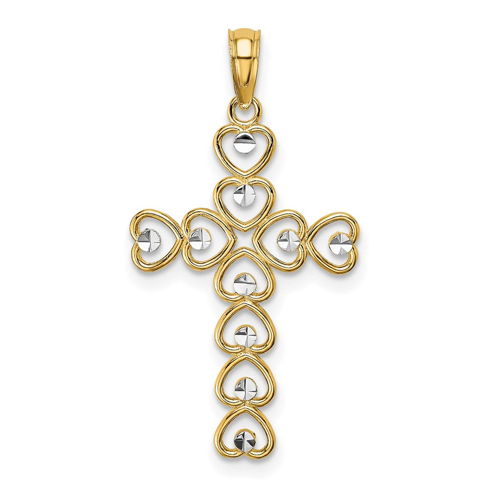14K Gelb & Rhodium mit Diamantiert Herz Kreuz Charm