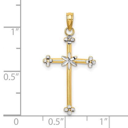 14K Gelb & Rhodium mit Dünn Diamantiert Kreuz Charm