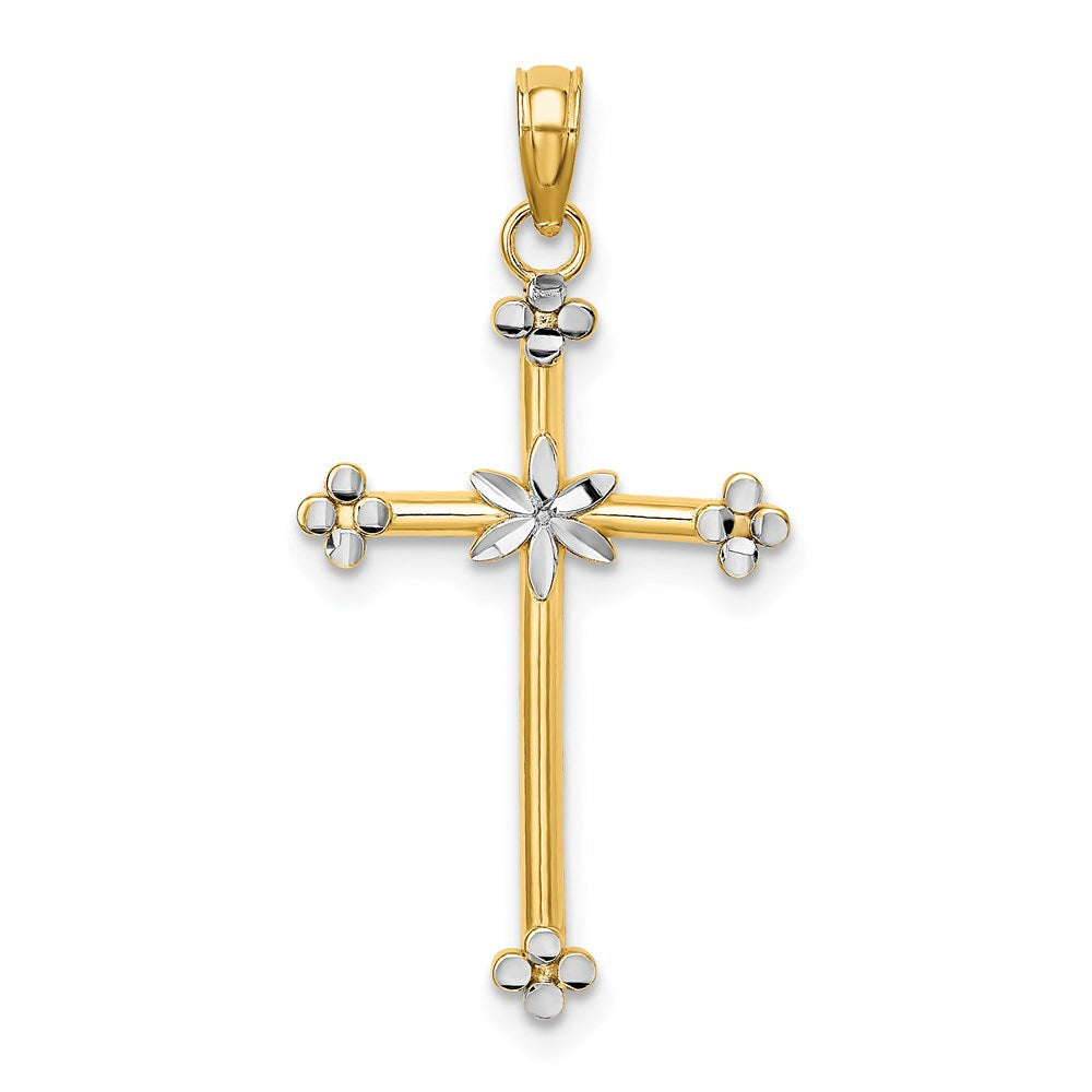 14K Gelb & Rhodium mit Dünn Diamantiert Kreuz Charm