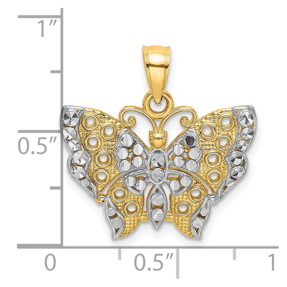 14K Gelb & Rhodium mit Rhodium Ausgeschnitten Flügel Schmetterling Anhänger