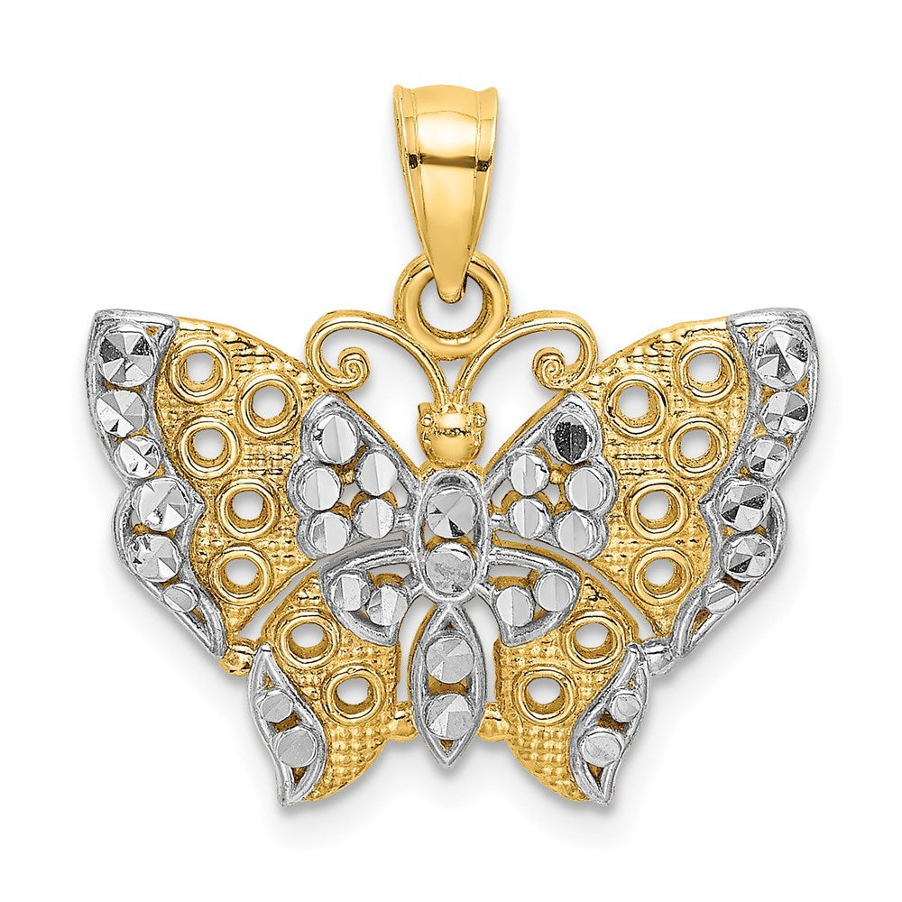 14K Gelb & Rhodium mit Rhodium Ausgeschnitten Flügel Schmetterling Anhänger